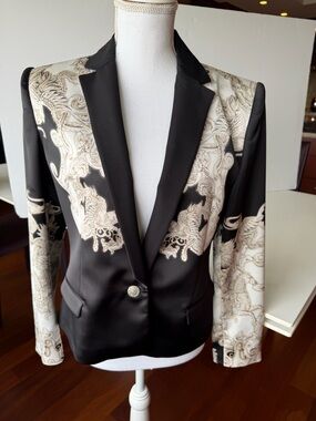 Just Cavalli Black and Cream Baroque-Print Satin Blazer